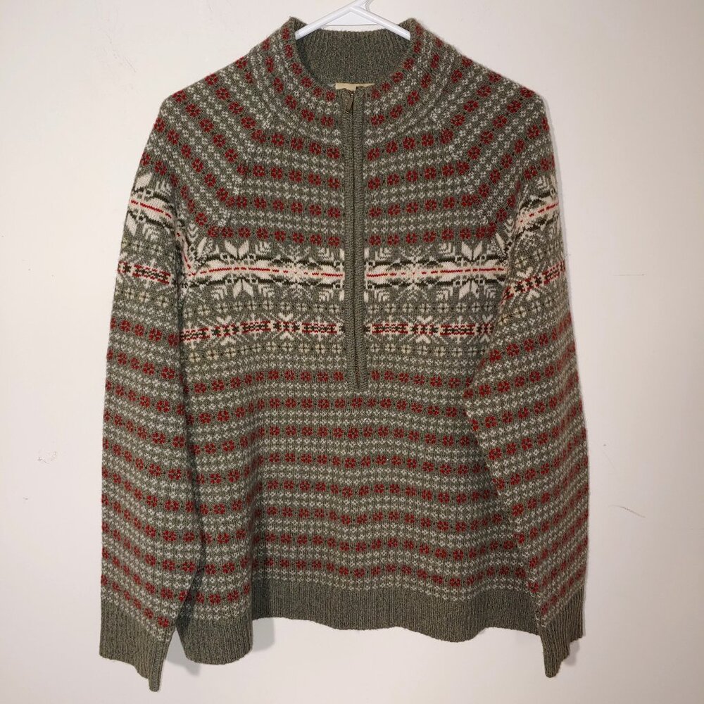 WOOLRICH 100% Lambswool 1/4 Zip Mock Neck Sweater Sage Heather Fair Isle Sz XL
